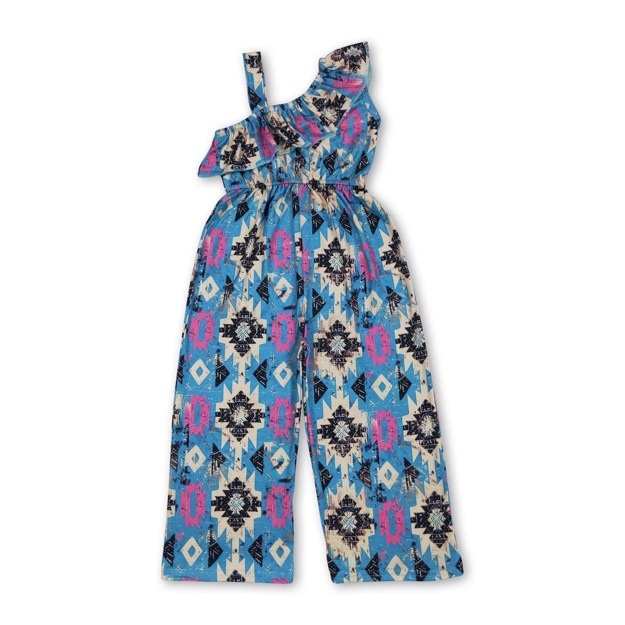 One shoulder beige turquoise aztec girls western jumpsuit