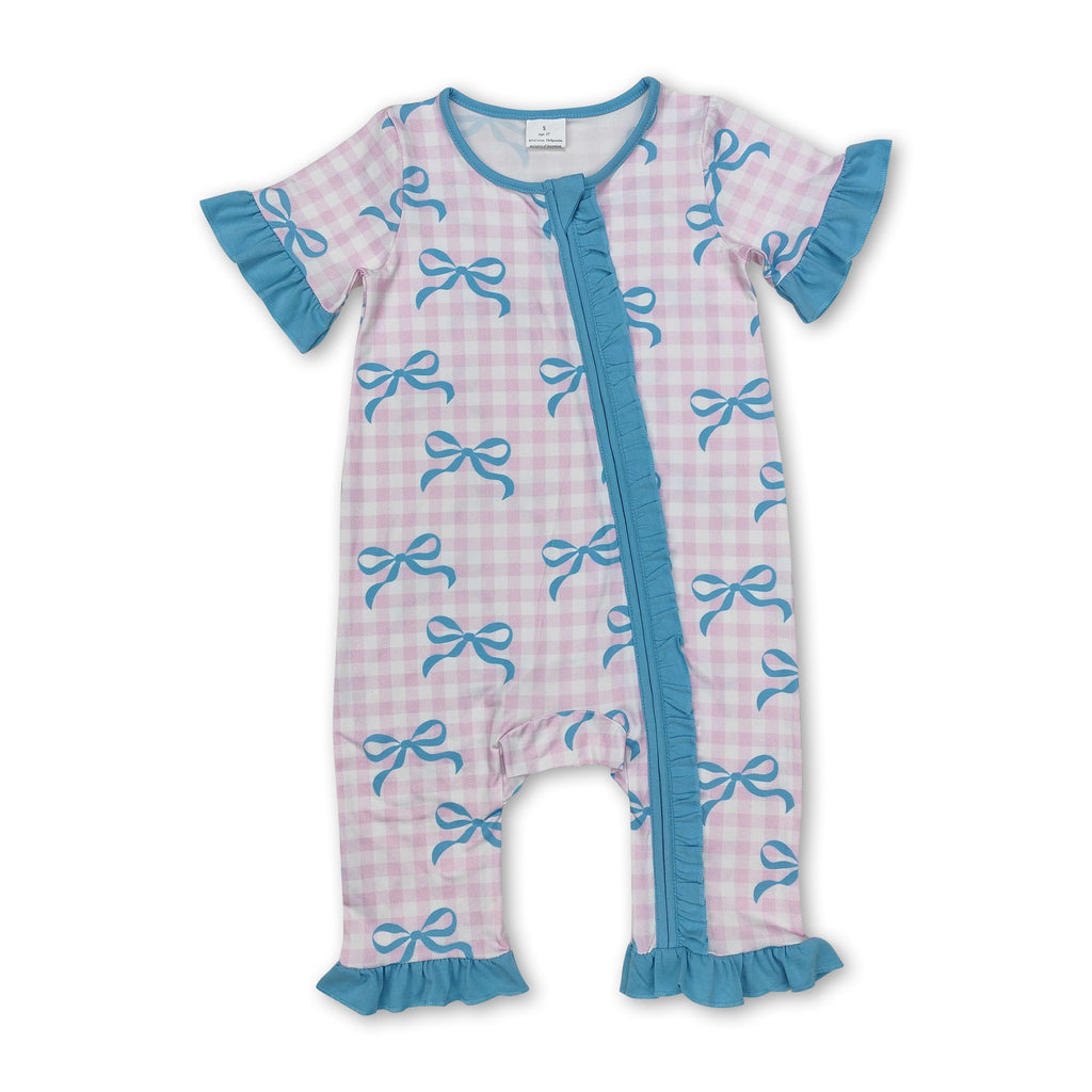Pink plaid bow short sleeves baby girls zipper romper