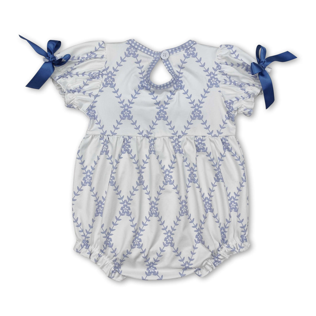 Short sleeves light blue bow floral baby girls summer romper
