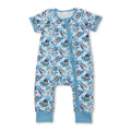 Blue short sleeves plaid dog baby kids zipper romper
