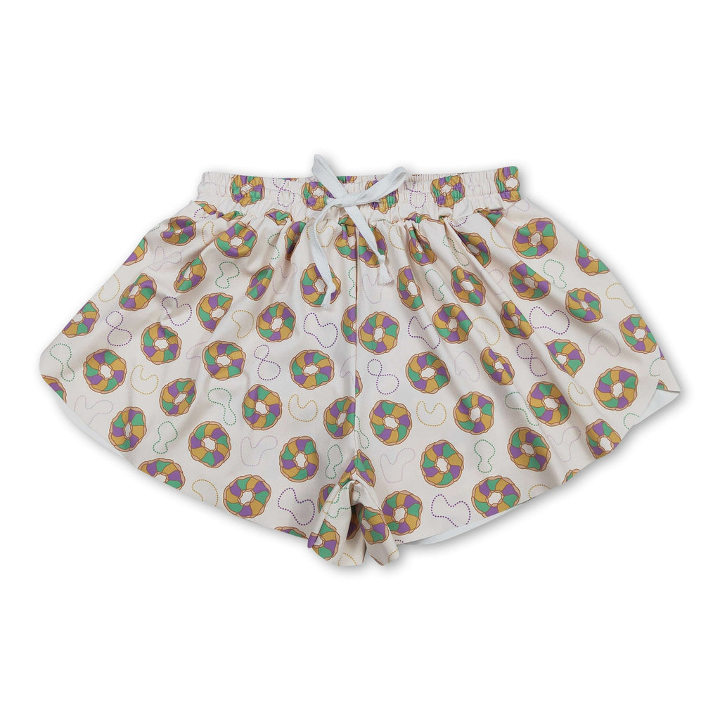 Purple green yellow donut women Mardi Gras active shorts