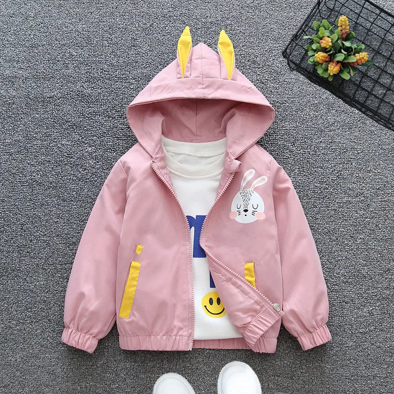 Children Spring Cartoon Jacket Girls Cute Rabbit Ears Pattern Casual Coat Autumn Fashion Hooded Short Outerwear for 1-6 Years