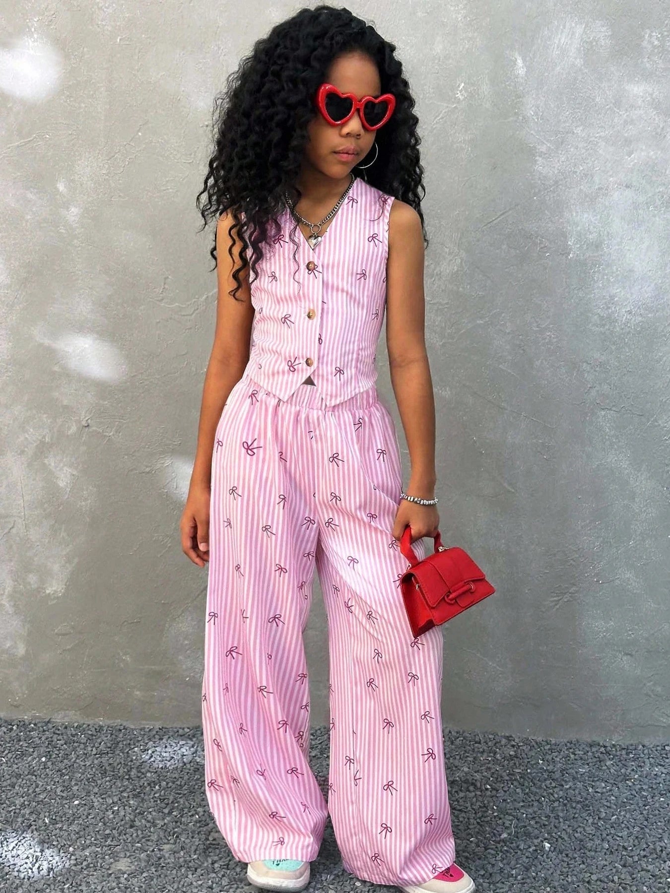 Kids Girls 2 Piece Pink Stripe Bow Print Vest & Wide Leg Pants Set Cute Preppy Style Outfit