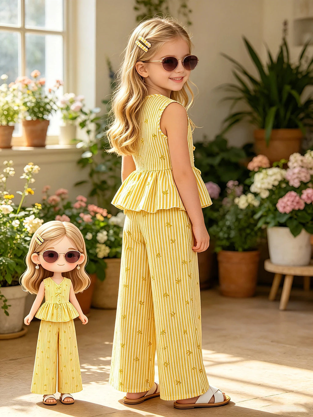 Kids Girls 2-Piece Summer Outfit, Yellow Vertical Stripe Bow Print V Neck Sleeveless Peplum Top & High Waist Wide Leg Pants Casu