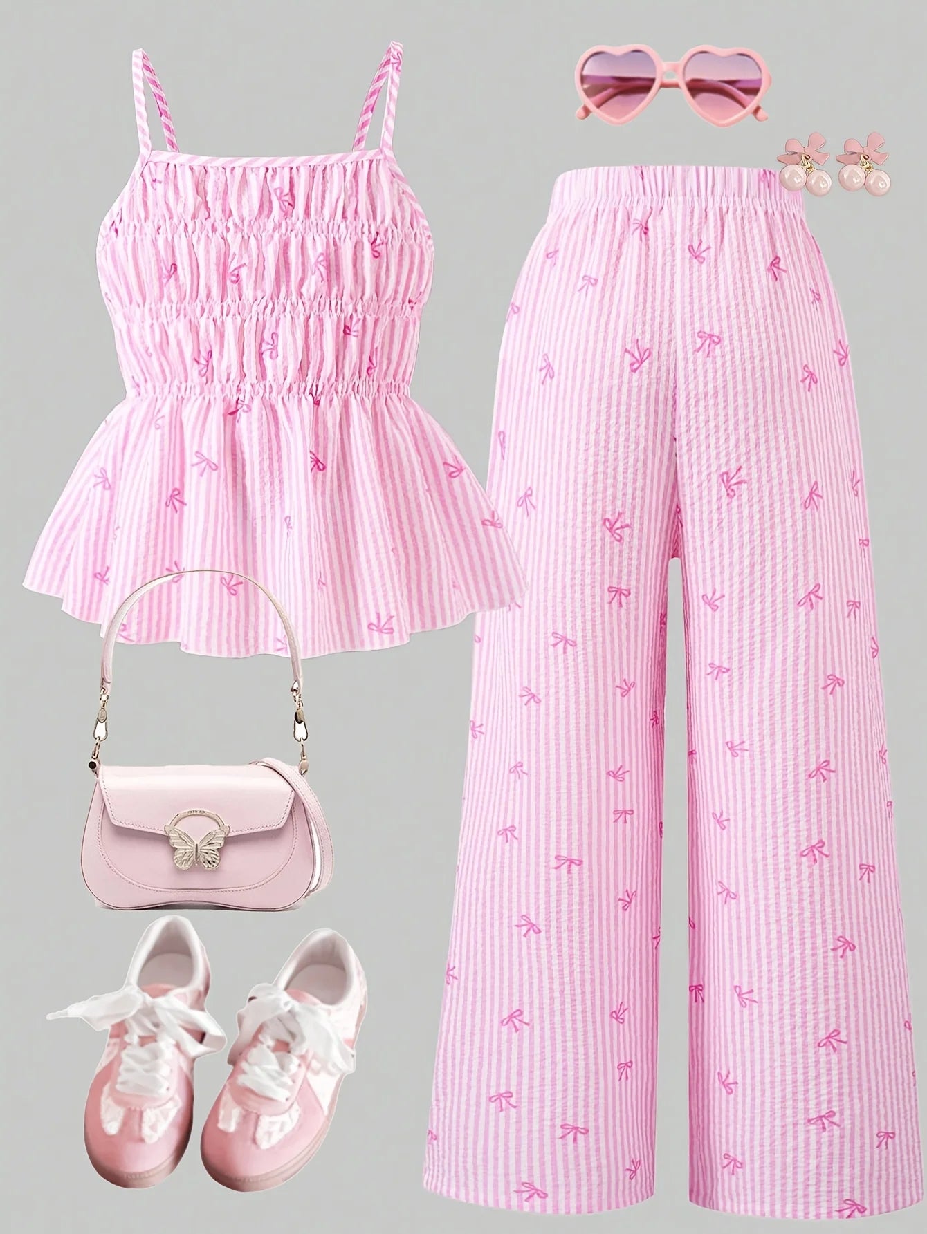 Girls' Striped Bowknot Halter Top and Straight-Leg Pants Holiday Style Two-Piece Set, Pink Striped Fabric with Bowknot Embellishment, Fashionable Summer Casual Pants Set for Children Aged 5-13