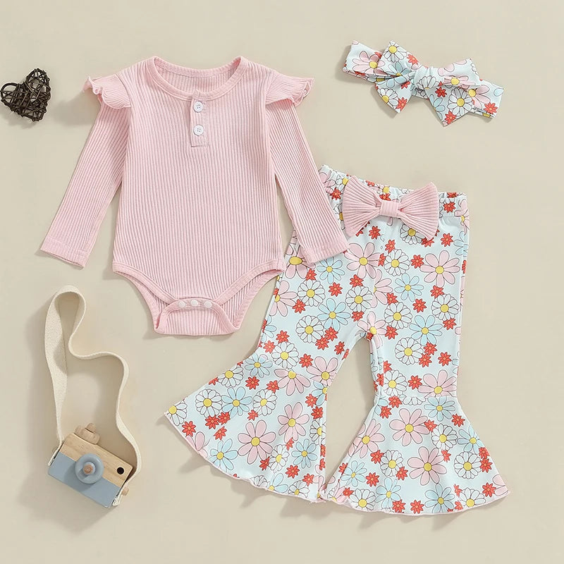 2024-05-27 Lioraitiin Baby Girl Fall Outfit, Ruffle Ribbed Long Sleeve Romper Flower Flare Pants Tie Bow 3 Piece Set