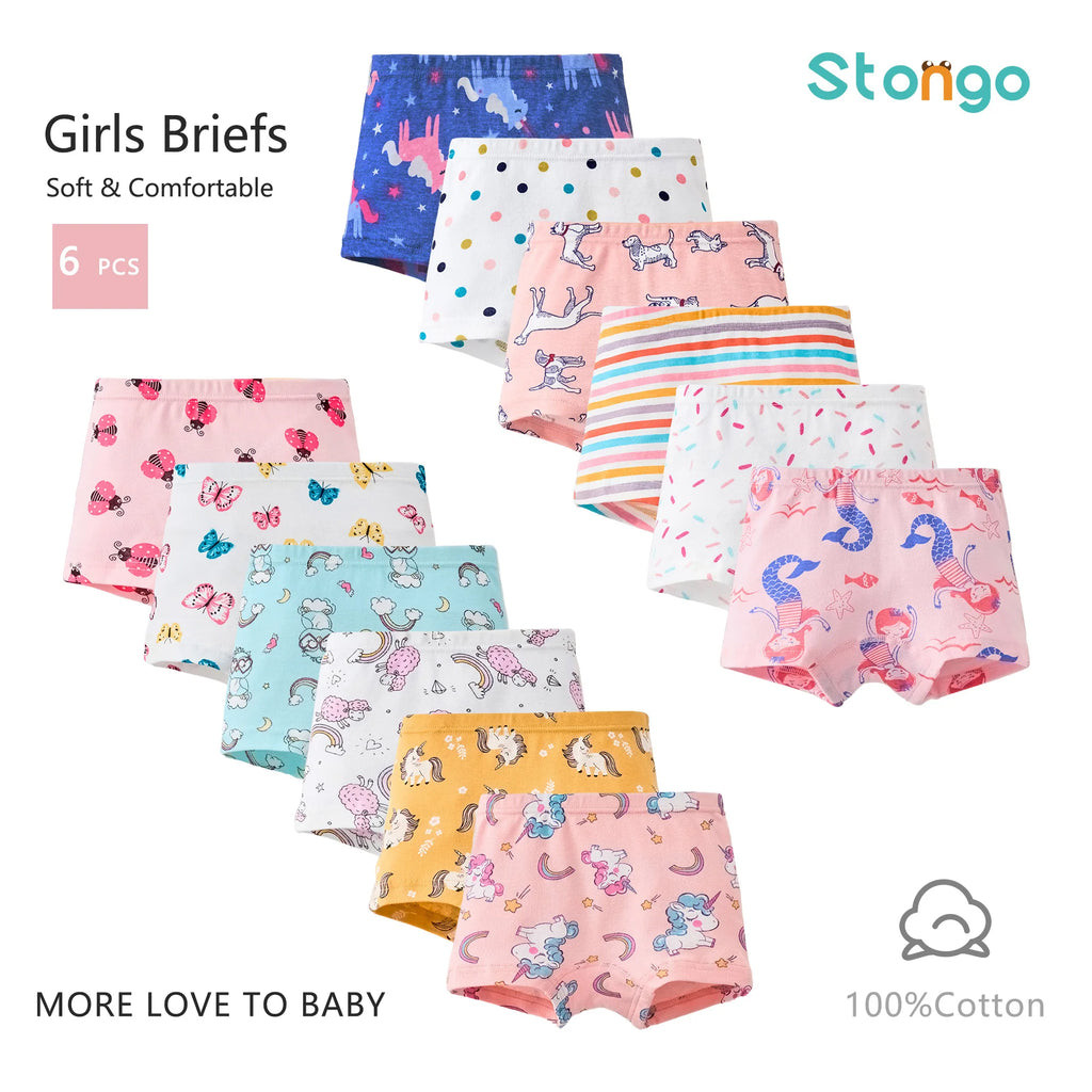 6 Pcs Kids Little Girls Underwear Toddler Baby 100% Cotton Soft Briefs Panties Cartoon Big Girls Undies 1-10 Years