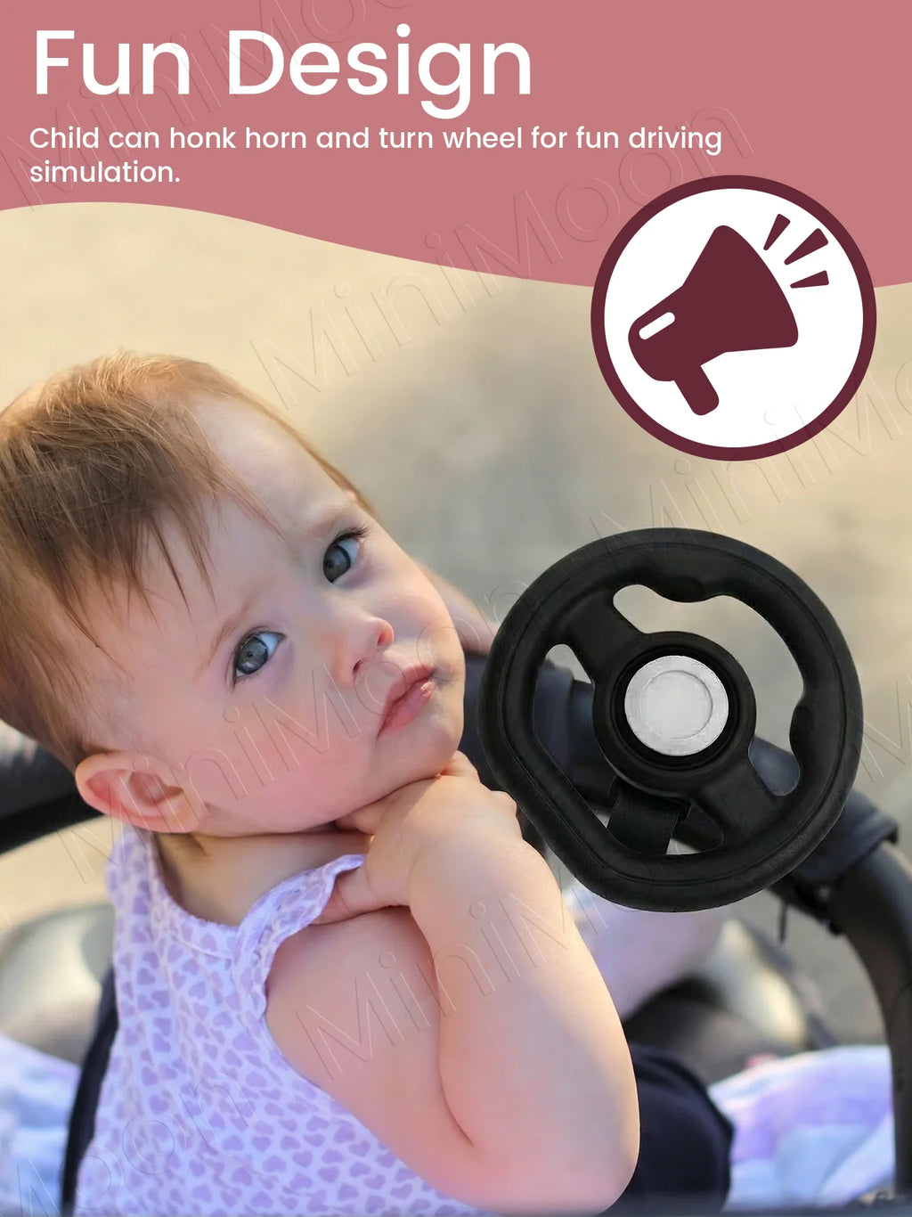 Stroller Steering Wheel with Honk Sound & 360° Rotation, Baby Travel Toy to Calm Fussy Riders