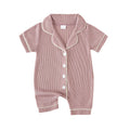 Soft Cotton Baby Girls Boys Romper Pajama Sleepwear Short Sleeve Contrast Trim Button Down Waffle Jumpsuit Infant Kids Clothes