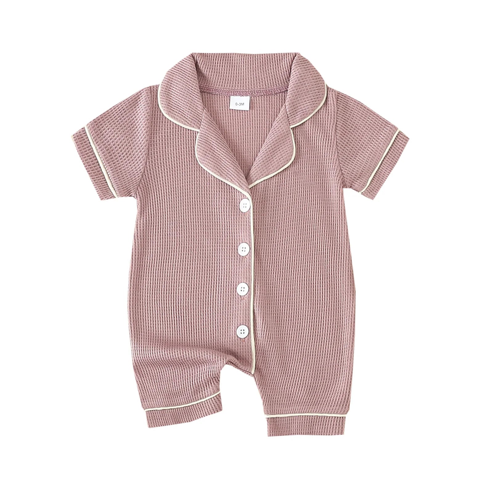 Soft Cotton Baby Girls Boys Romper Pajama Sleepwear Short Sleeve Contrast Trim Button Down Waffle Jumpsuit Infant Kids Clothes