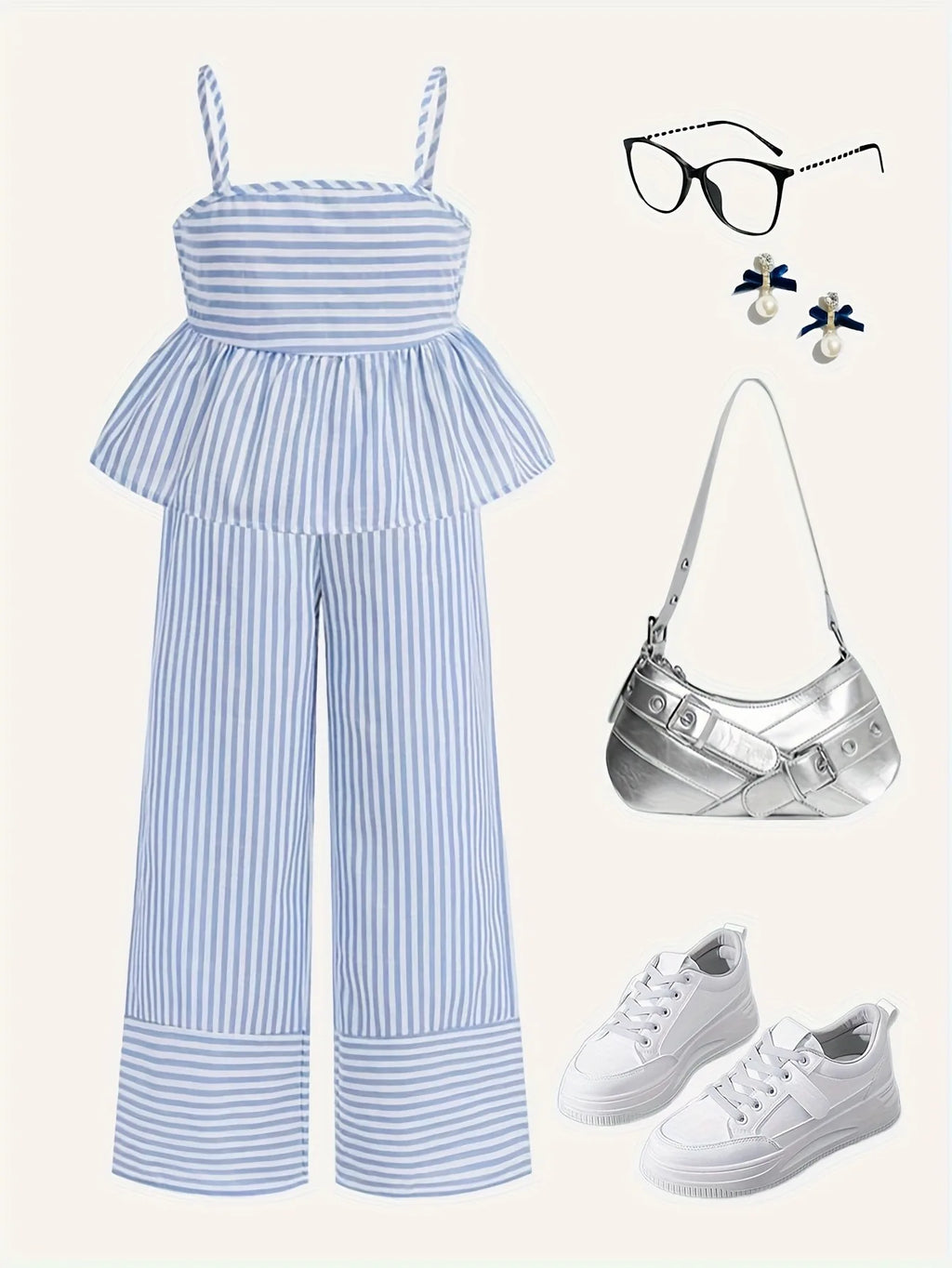 Kids Girls Two Piece Summer Clothes, Striped Ruffle Camisole Top + Loose Wide Leg Pants Outdoor Holiday Daily Wear