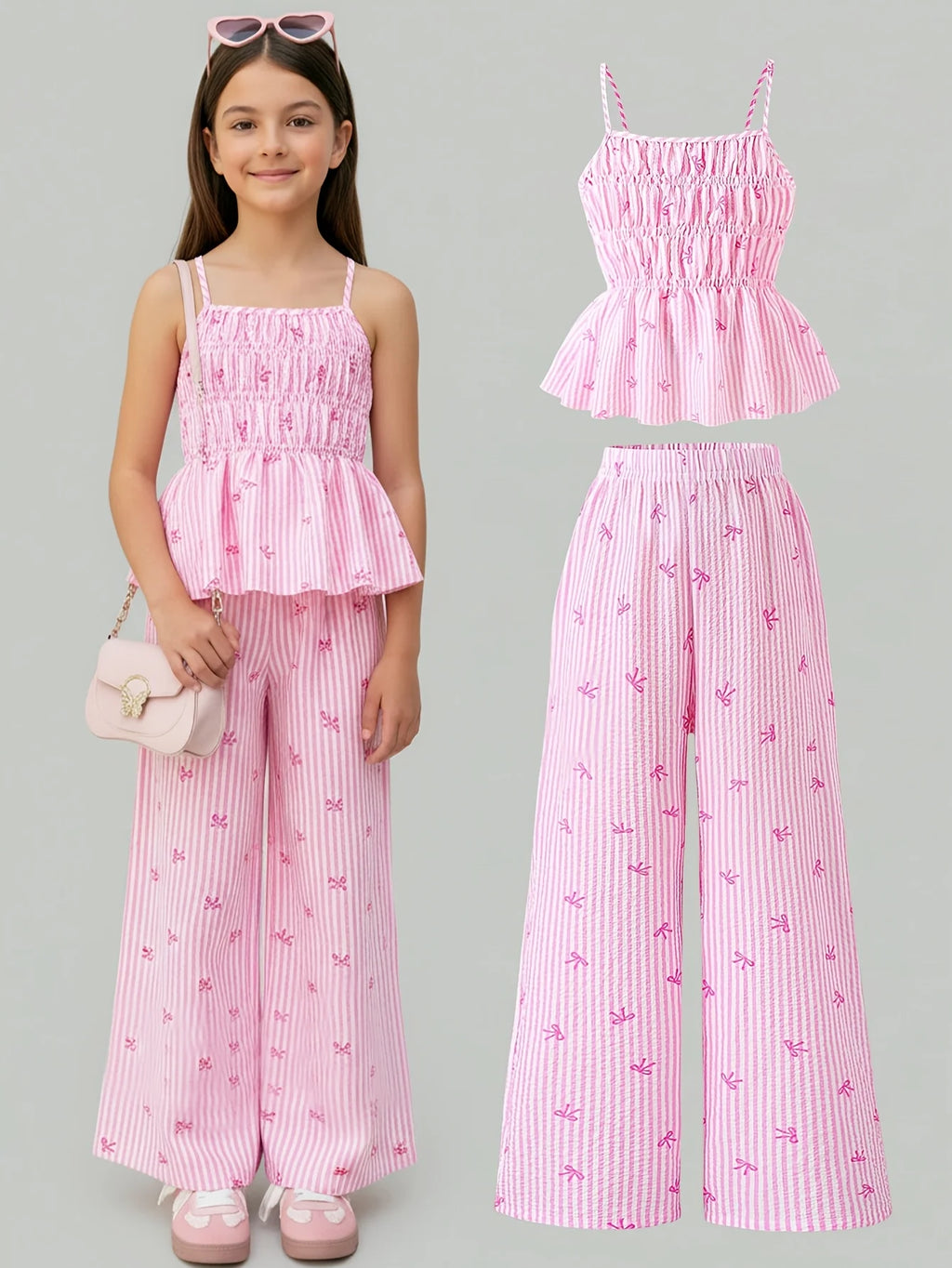 Girls' Striped Bowknot Halter Top and Straight-Leg Pants Holiday Style Two-Piece Set, Pink Striped Fabric with Bowknot Embellishment, Fashionable Summer Casual Pants Set for Children Aged 5-13