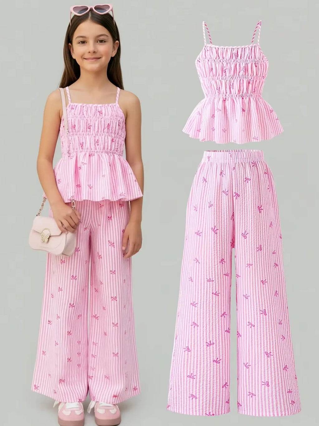 Girls' Striped Bowknot Halter Top and Straight-Leg Pants Holiday Style Two-Piece Set, Pink Striped Fabric with Bowknot Embellishment, Fashionable Summer Casual Pants Set for Children Aged 5-13