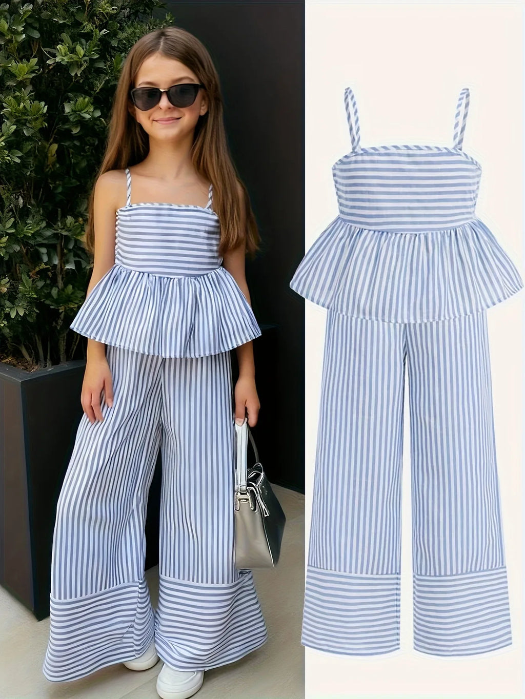 Kids Girls Two Piece Summer Clothes, Striped Ruffle Camisole Top + Loose Wide Leg Pants Outdoor Holiday Daily Wear