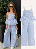 Kids Girls Two Piece Summer Clothes, Striped Ruffle Camisole Top + Loose Wide Leg Pants Outdoor Holiday Daily Wear