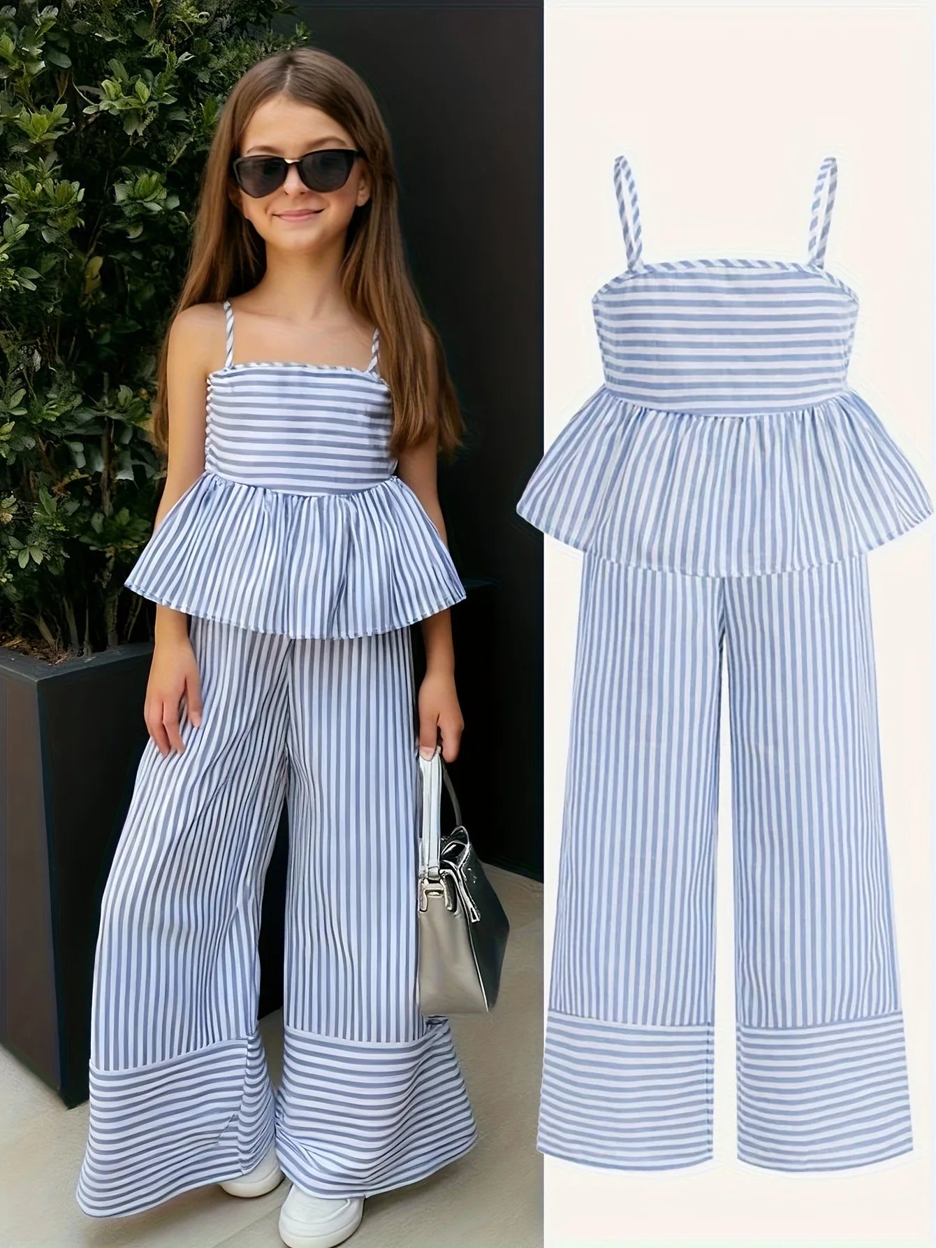 Kids Girls Two Piece Summer Clothes, Striped Ruffle Camisole Top + Loose Wide Leg Pants Outdoor Holiday Daily Wear