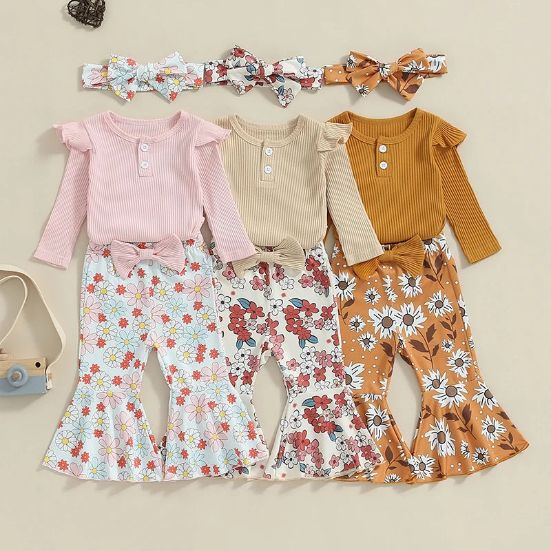 2024-05-27 Lioraitiin Baby Girl Fall Outfit, Ruffle Ribbed Long Sleeve Romper Flower Flare Pants Tie Bow 3 Piece Set