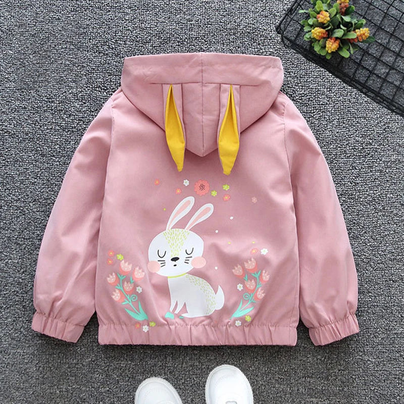 Children Spring Cartoon Jacket Girls Cute Rabbit Ears Pattern Casual Coat Autumn Fashion Hooded Short Outerwear for 1-6 Years