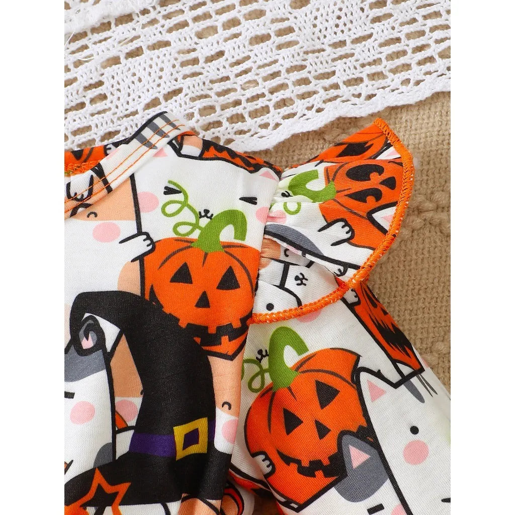 0-3 Years Baby Girl Halloween Dress Long Sleeve Cute Kitten Pumpkin Print Mesh Dress Vacation Toddler Girl Party Costumes