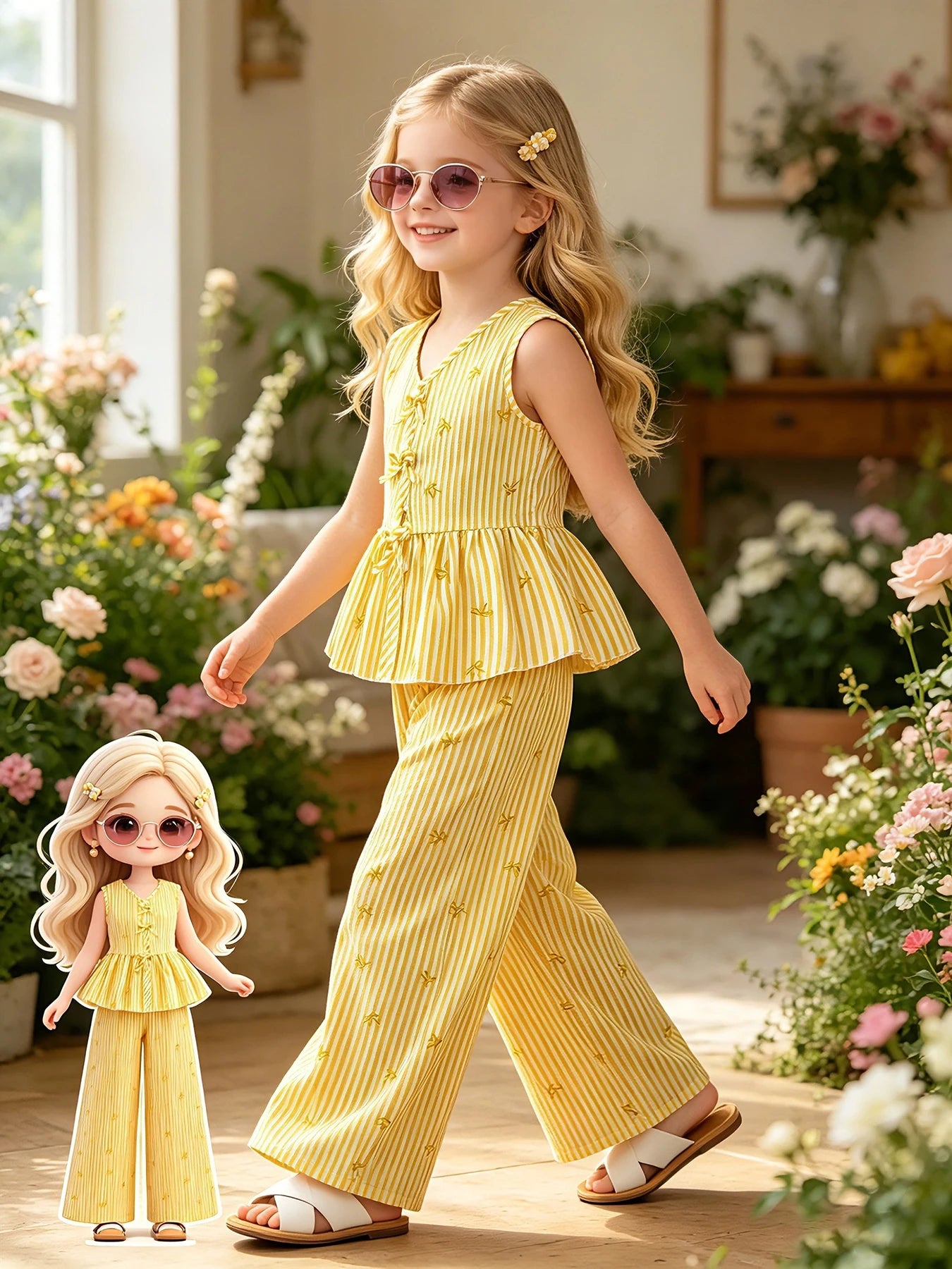 Kids Girls 2-Piece Summer Outfit, Yellow Vertical Stripe Bow Print V Neck Sleeveless Peplum Top & High Waist Wide Leg Pants Casu