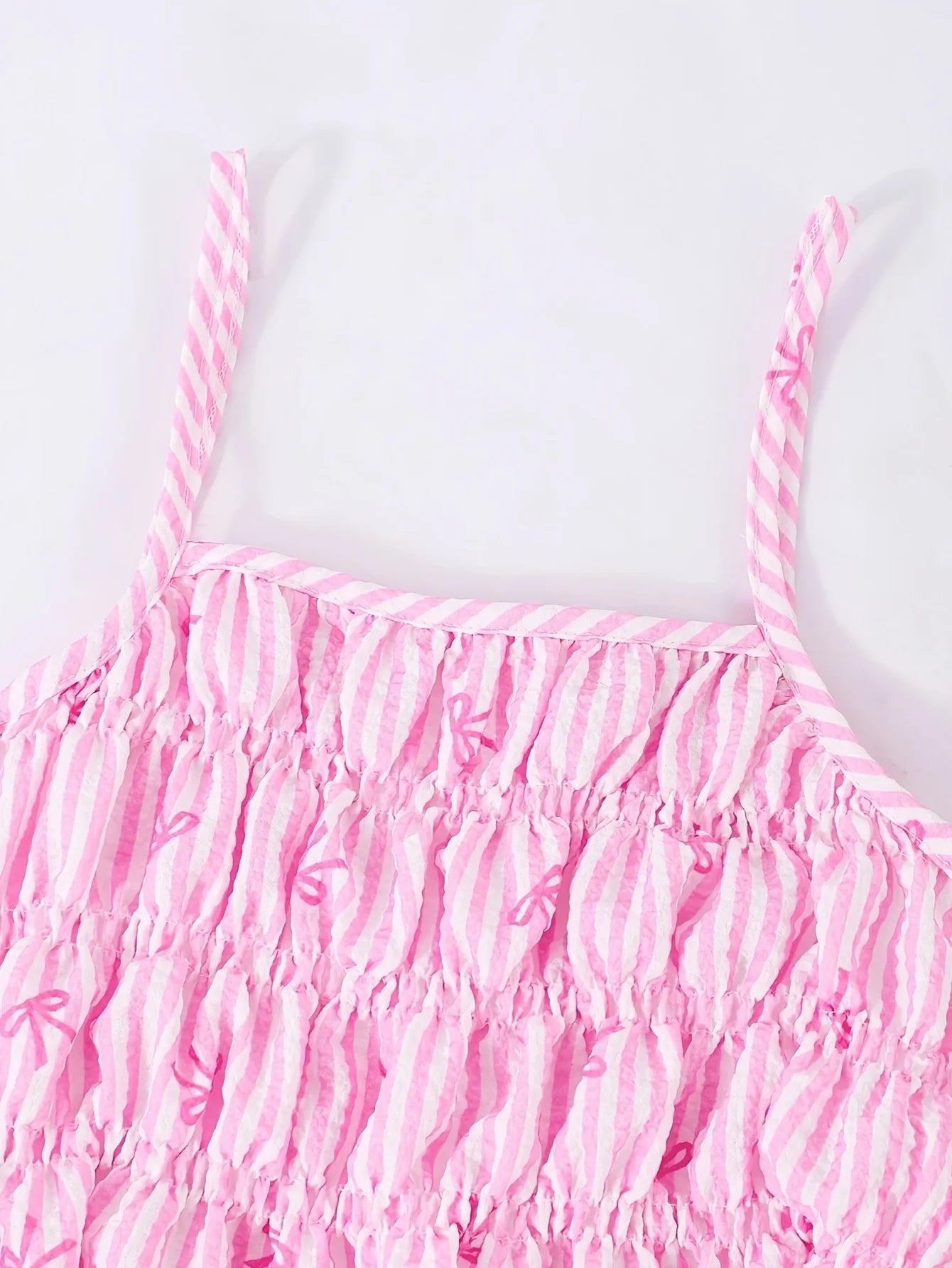 Girls' Striped Bowknot Halter Top and Straight-Leg Pants Holiday Style Two-Piece Set, Pink Striped Fabric with Bowknot Embellishment, Fashionable Summer Casual Pants Set for Children Aged 5-13