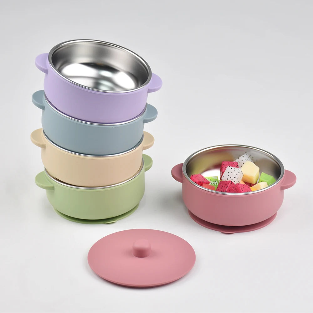 300ml Baby Training Bowl with Lid, 300ML 2-in-1 Stainless Steel & Silicone Feeding Set, Unbreakable Weaning Bowl