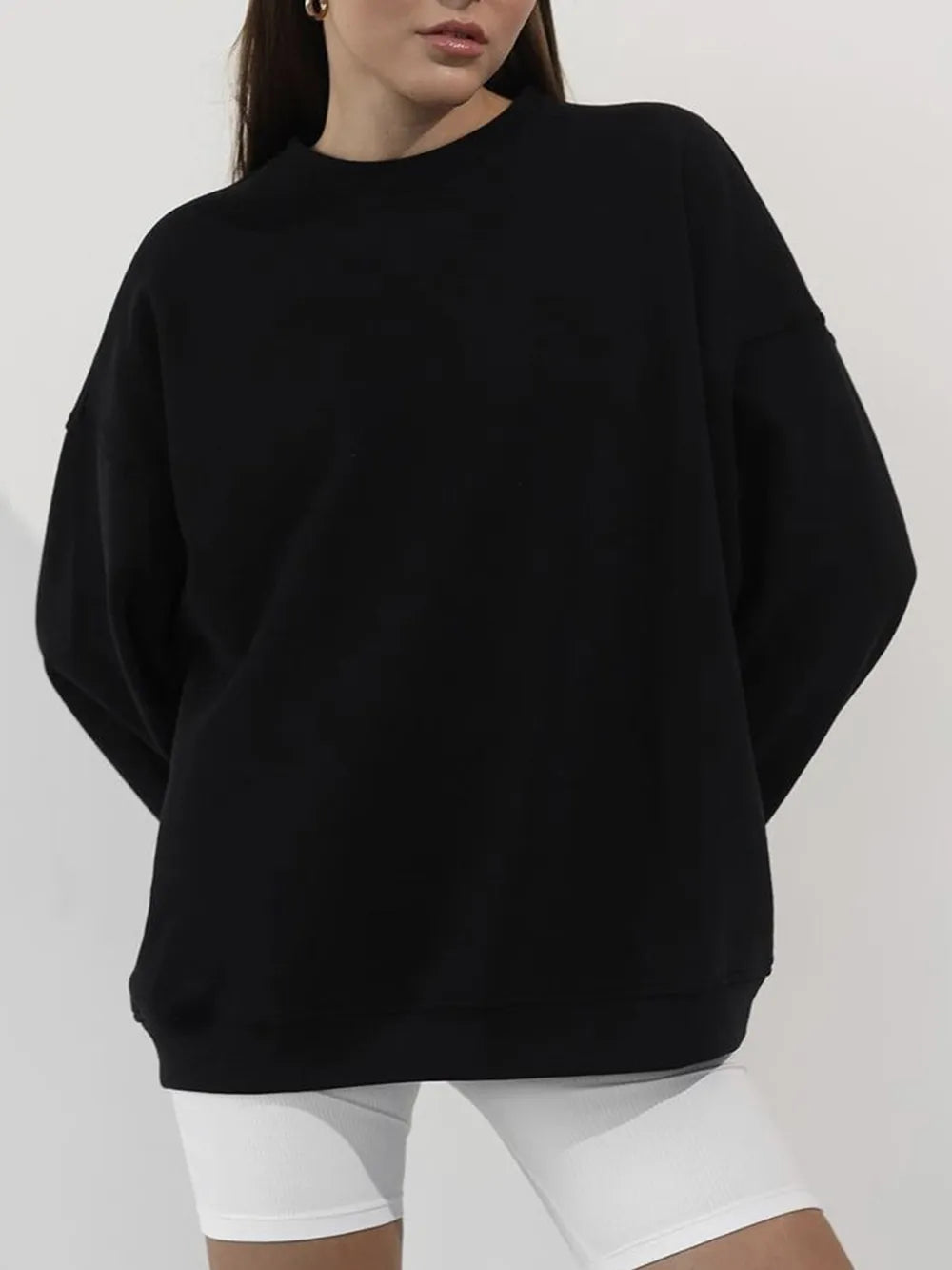 Autumn and winter new solid color round neck loose pullover sweatshirt long sleeved fleece sweater for women