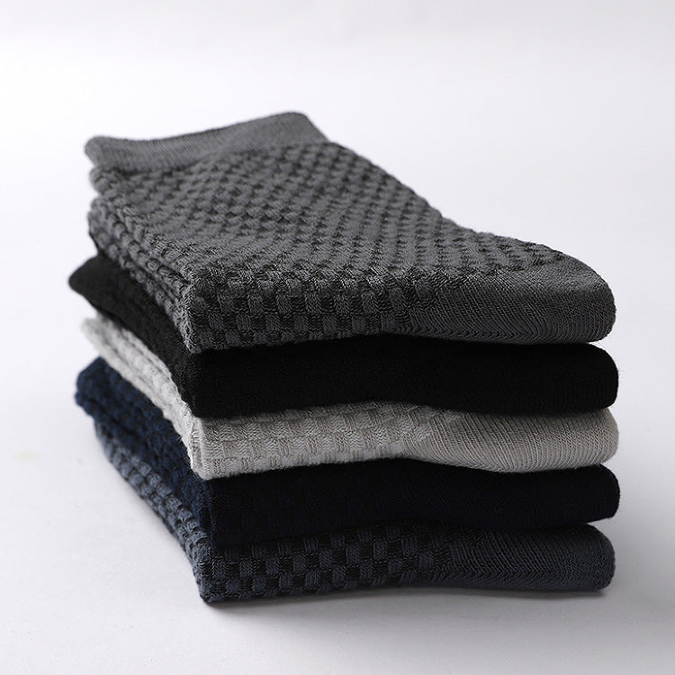 Bamboo fiber cotton socks mid tube men's socks double needle dark flower square grid socks