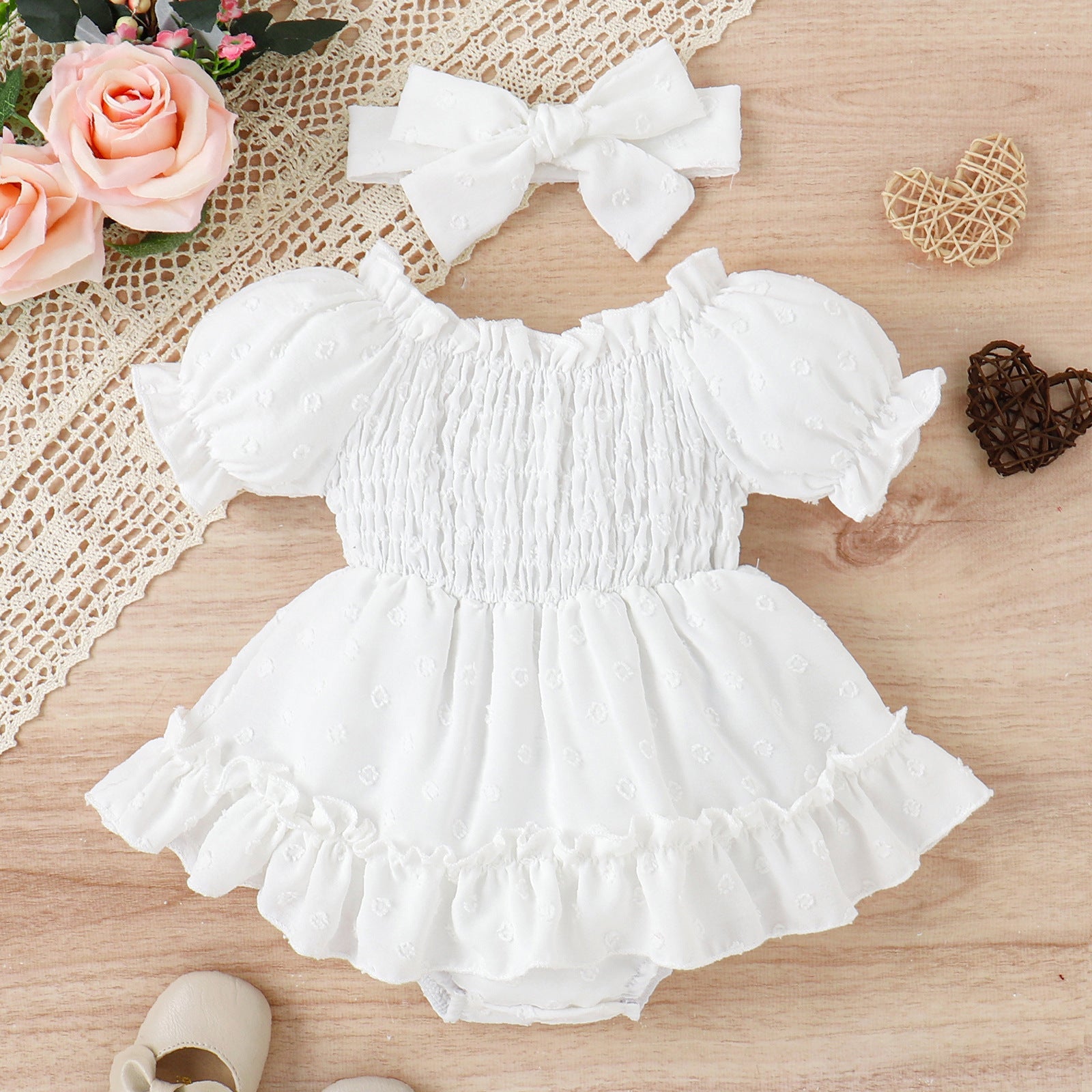 Three-color Jacquard Skirt Cute Puff Sleeve One-piece Rompers Jumpsuit With Headscarf