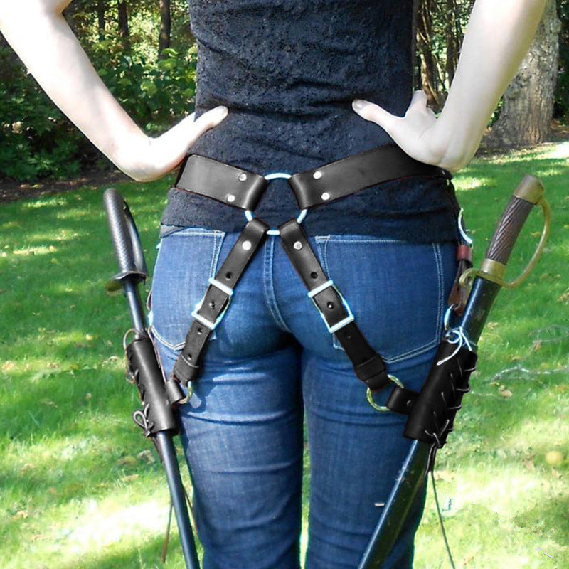 Medieval Warrior PU Leather Belt Double Sword Set