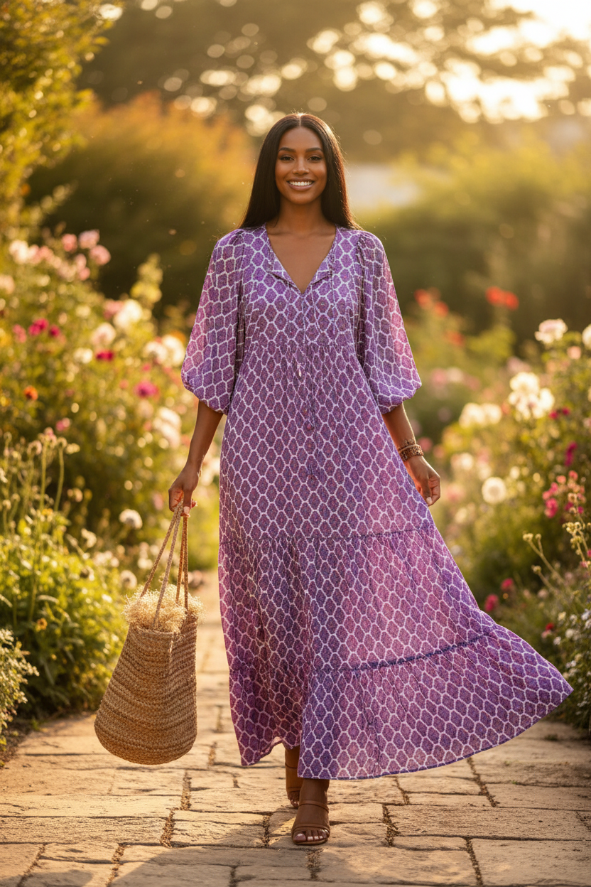 PURPLE Summer Women's Vintage Printed Bohemian Dress Elegant Ladies Casual Loose V-Neck Short Sleeve Long Dresses