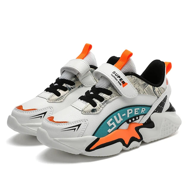 Boys' sports shoes with waterproof leather surface and anti slip soft sole for students