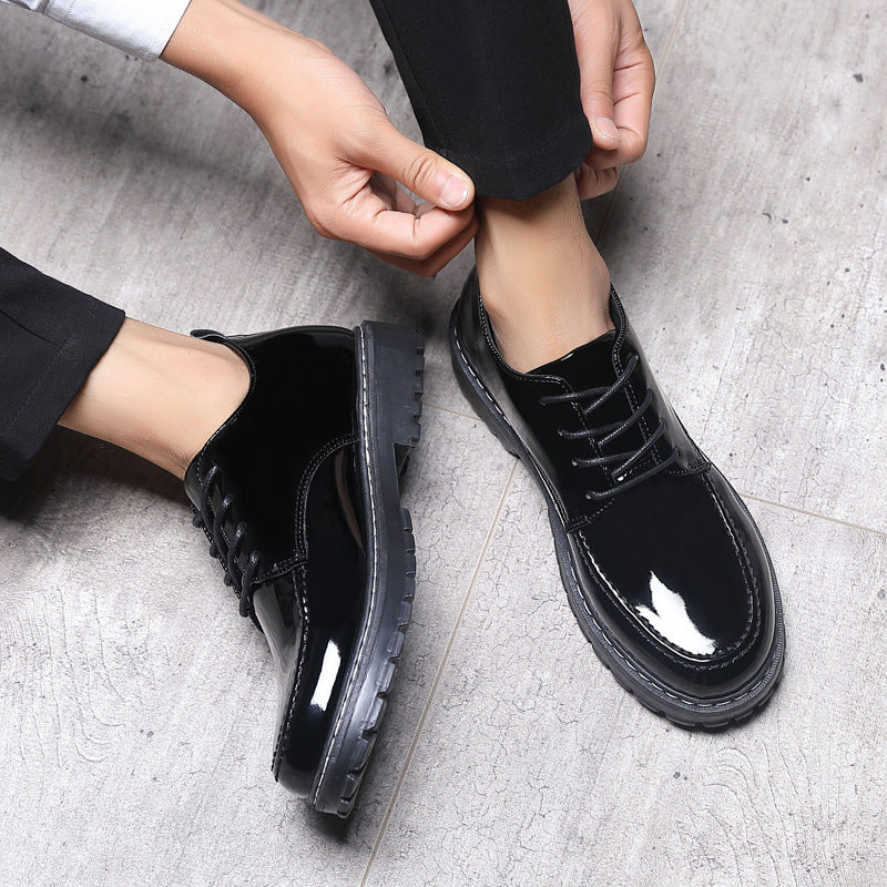 Bright leather casual leather shoes, men's business formal wear, British men's shoes, youth trend, versatile, thick soled, height increasing small leather shoes