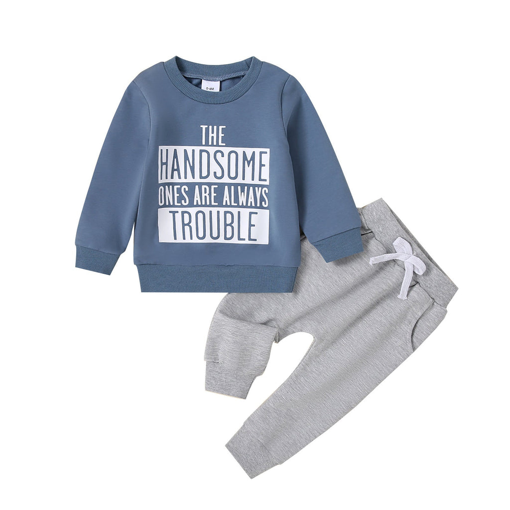 Casual Round Neck Letter Print Sweater Trousers Suit