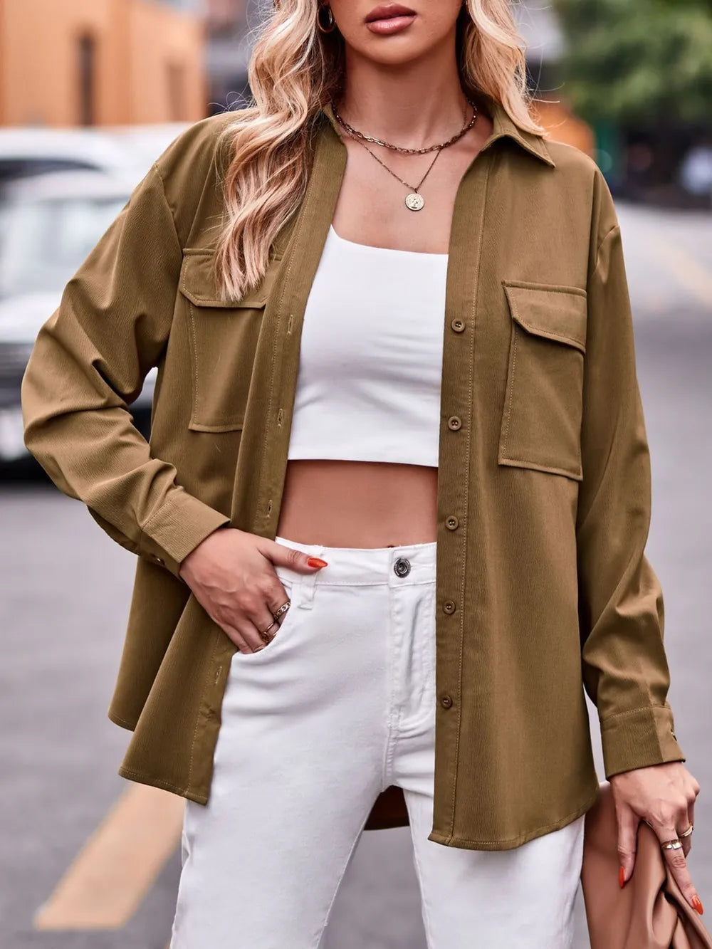 Casual and fashionable double pocket loose long sleeved solid color shirt