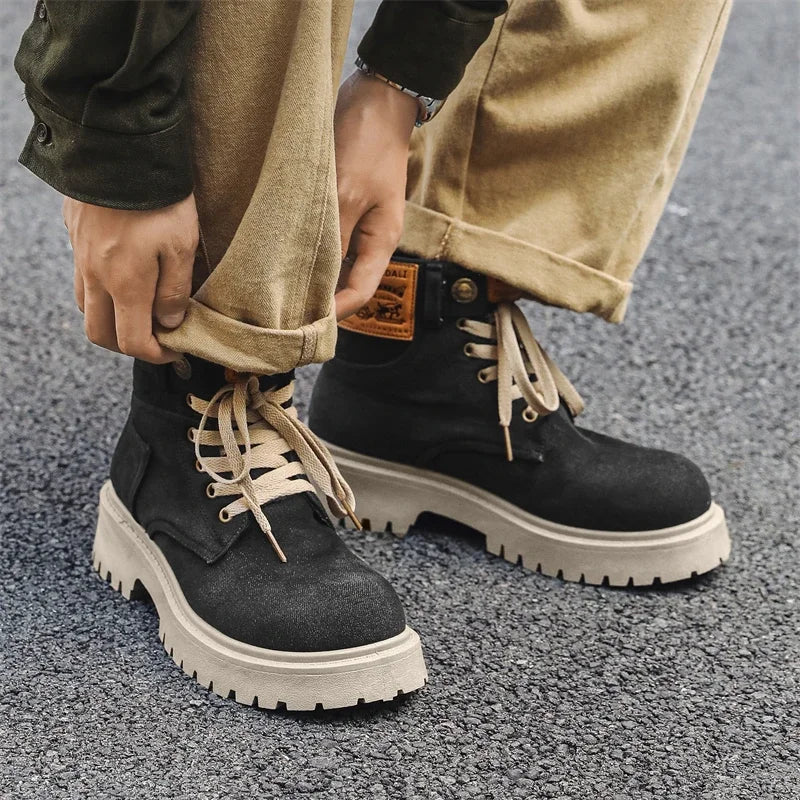 Cowboy boots new autumn thick soled Martin boots fashionable retro washed high top big toe shoes for men