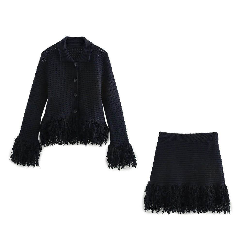 European and American women's fashion versatile tassel knit sweater+skirt set
