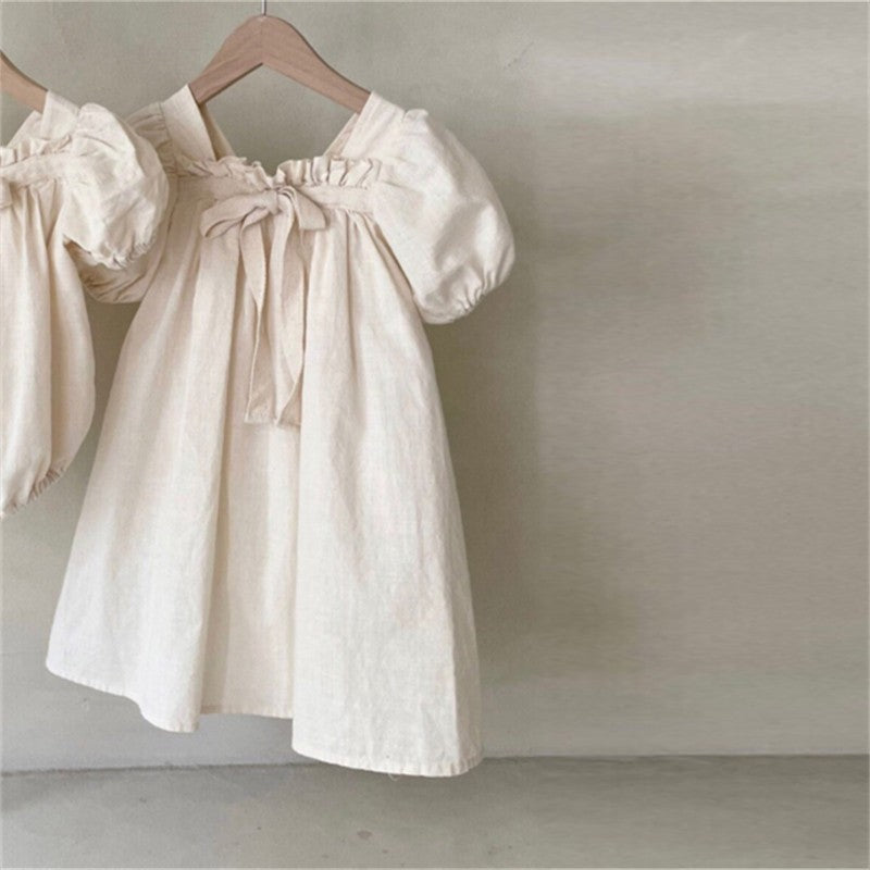 Girls Bow Bubble Sleeve Floral Square Neck Dress