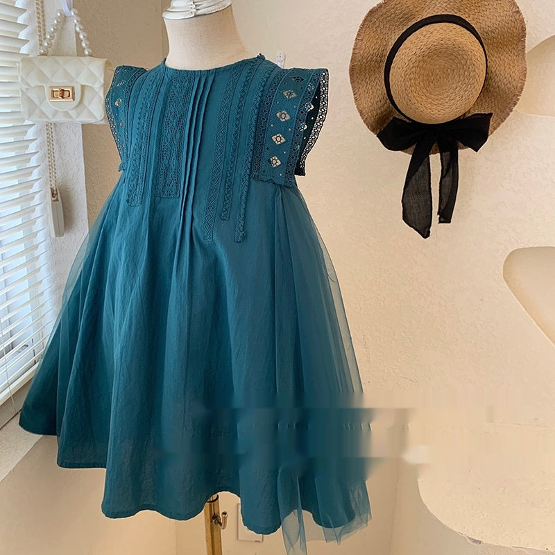 Girls' Summer Green Mesh Stitching Sleeveless Lace Vest Dress