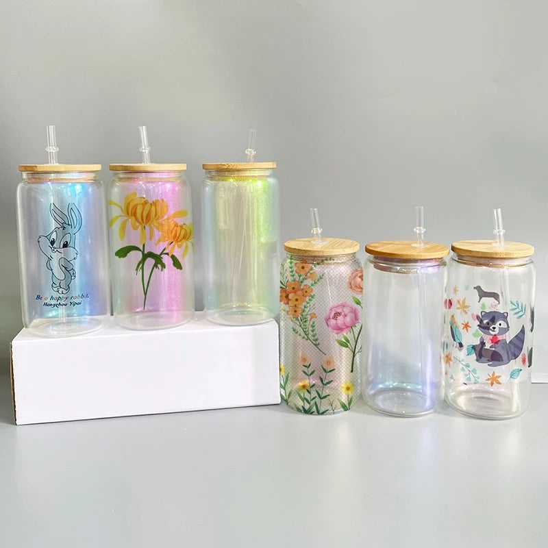 16oz Sublimation blank Holographic iridescent Glitter glass Jar Cans Tumblers (Includes Bamboo Lid & Straw)