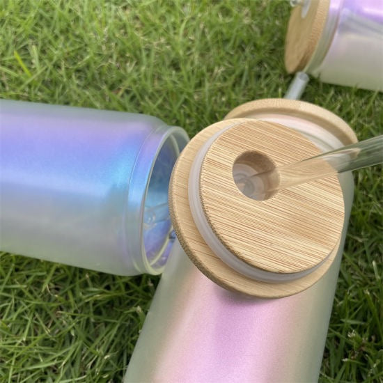 16oz Sublimation blank Holographic iridescent Glitter glass Jar Cans Tumblers (Includes Bamboo Lid & Straw)