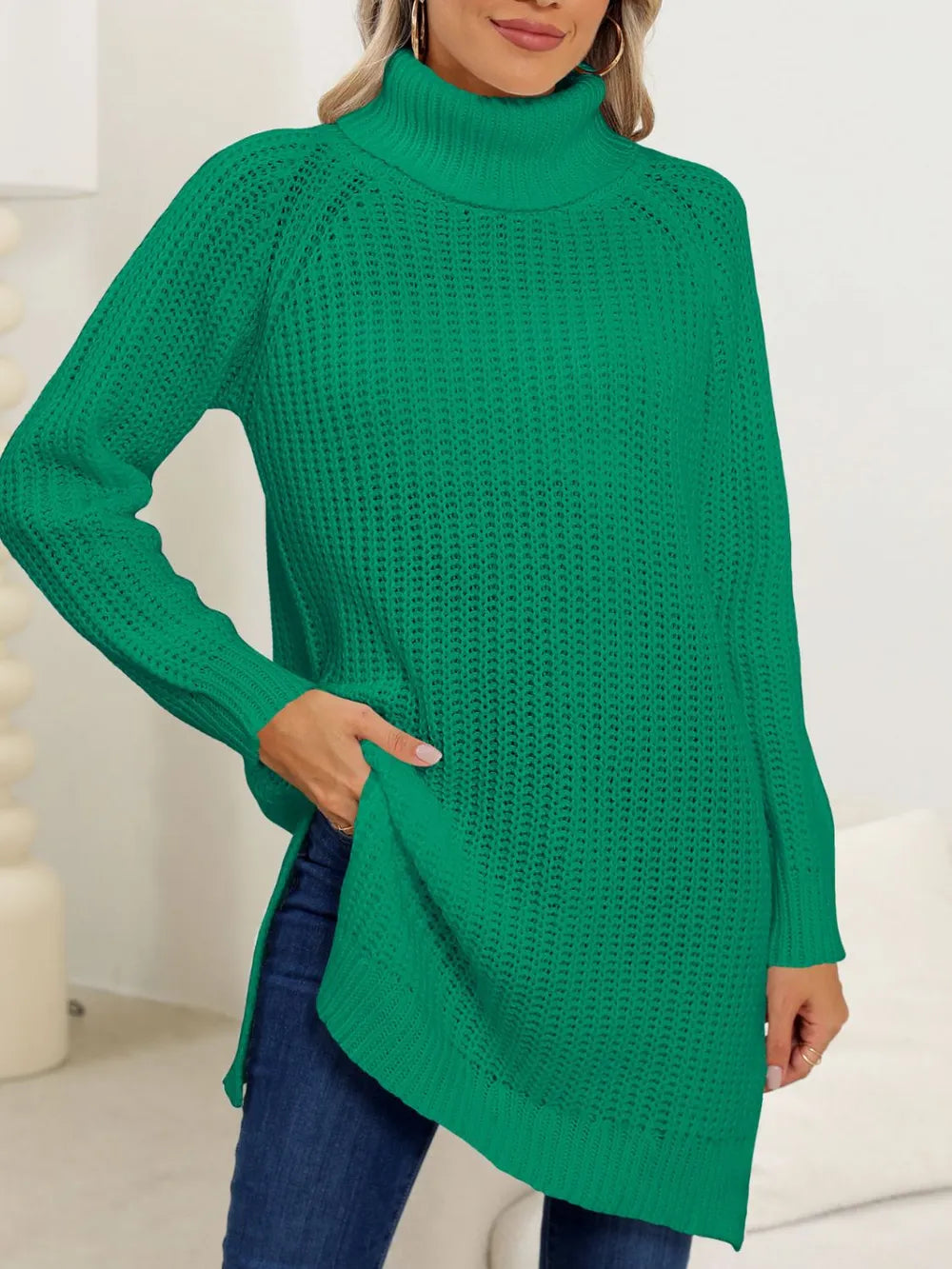 New autumn and winter thick sweater high neck simple slit dress