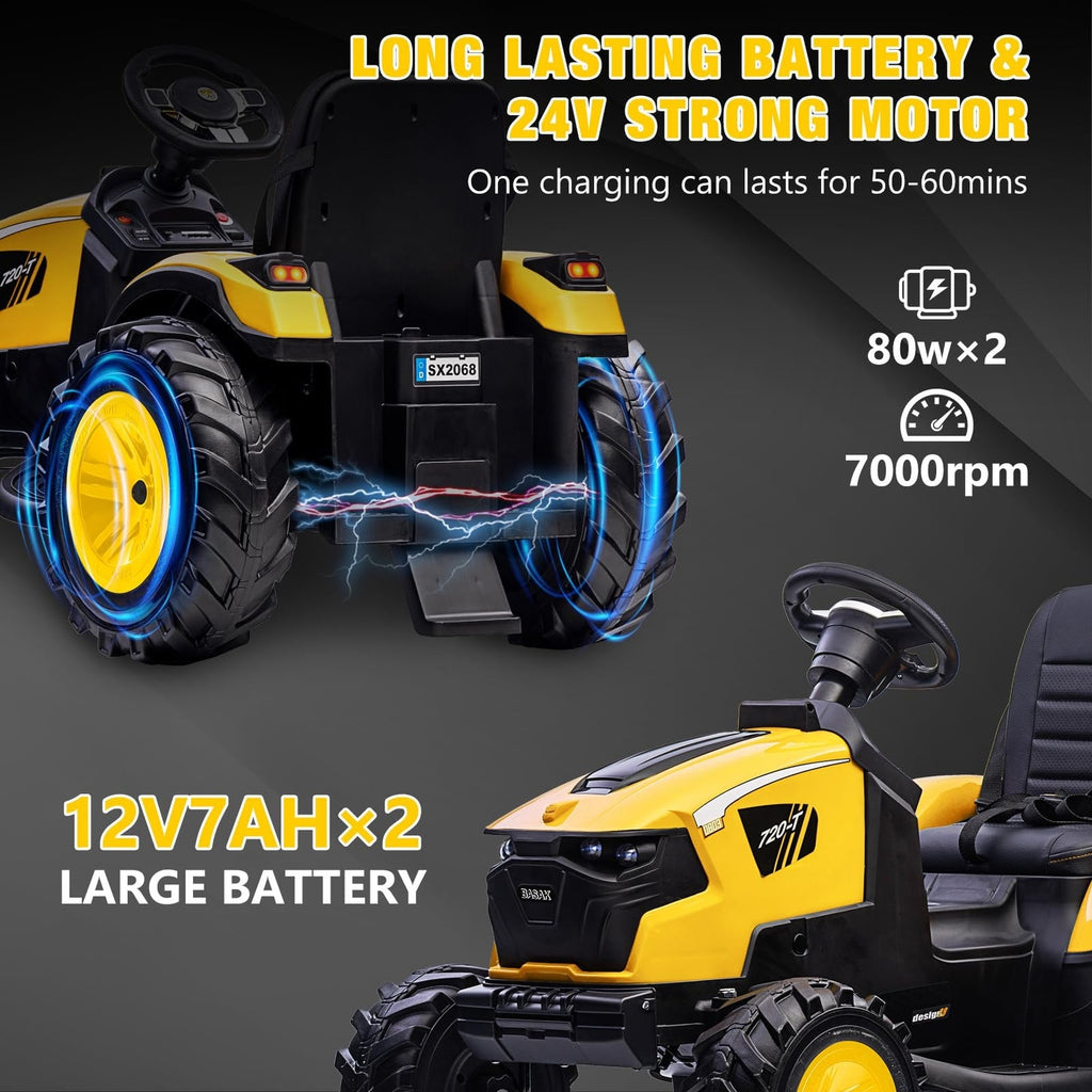 24V Electric Ride-On Tractor with Excavator, Trailer, and Digger Attachments