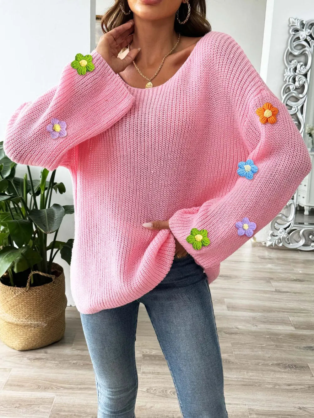 Simple and loose one neck off shoulder flared sleeve sweater