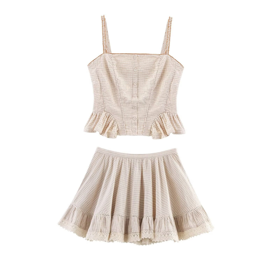 Stacked decorative plaid top+skirt set for women