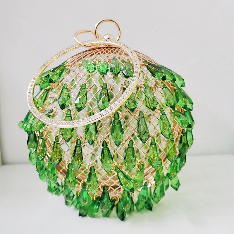 Waterdrop shaped acrylic multi-color selection circular metal birdcage hand-held dinner bag