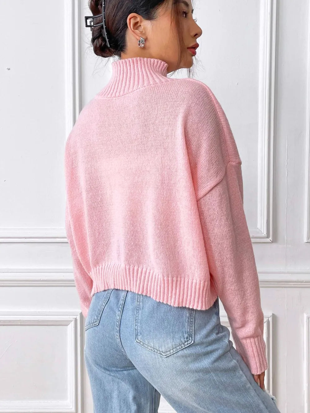 Women's high neck pullover sweater loose heart sticker casual base sweater