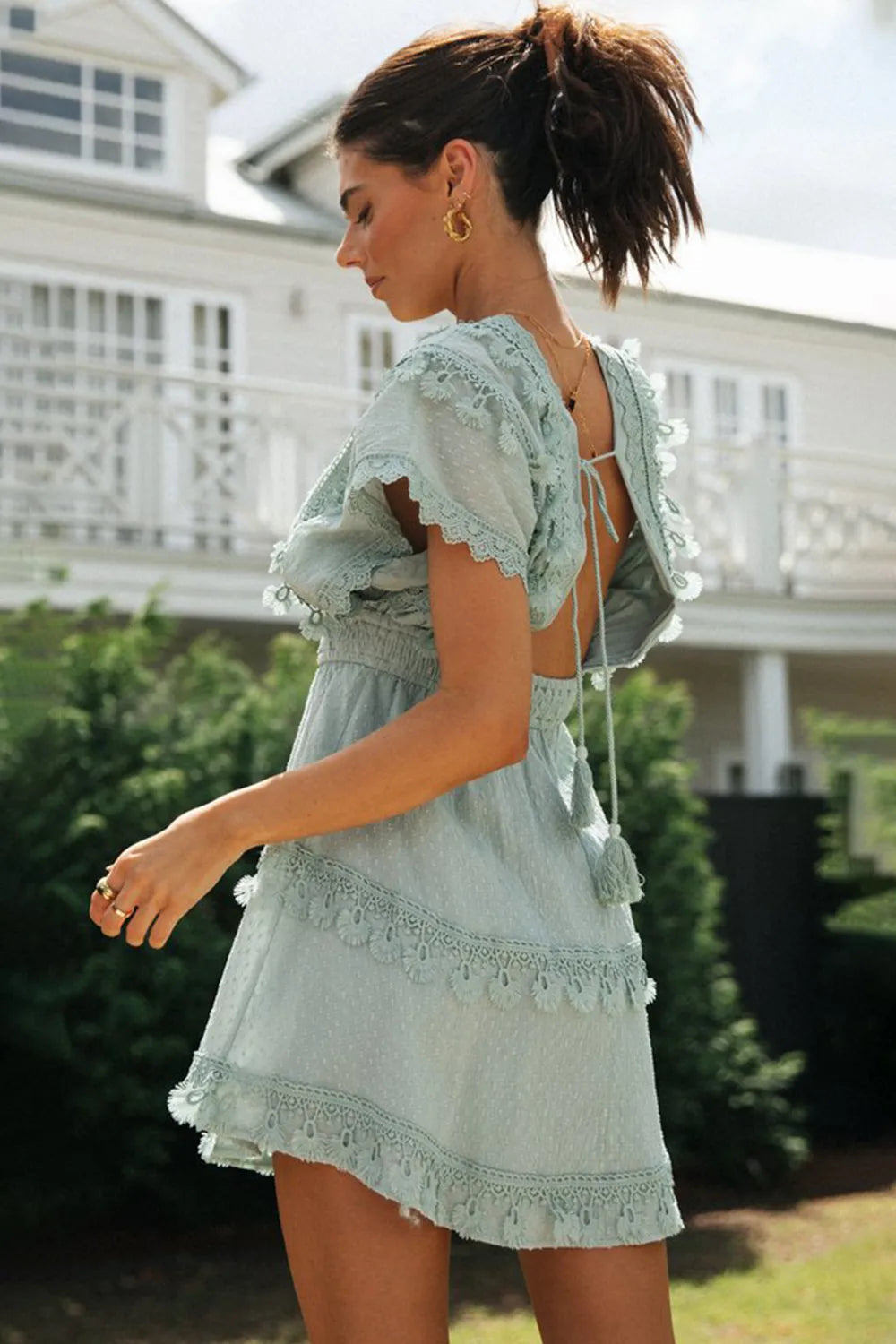 Women's lace patchwork lace up backless big swing batball sleeve dress
