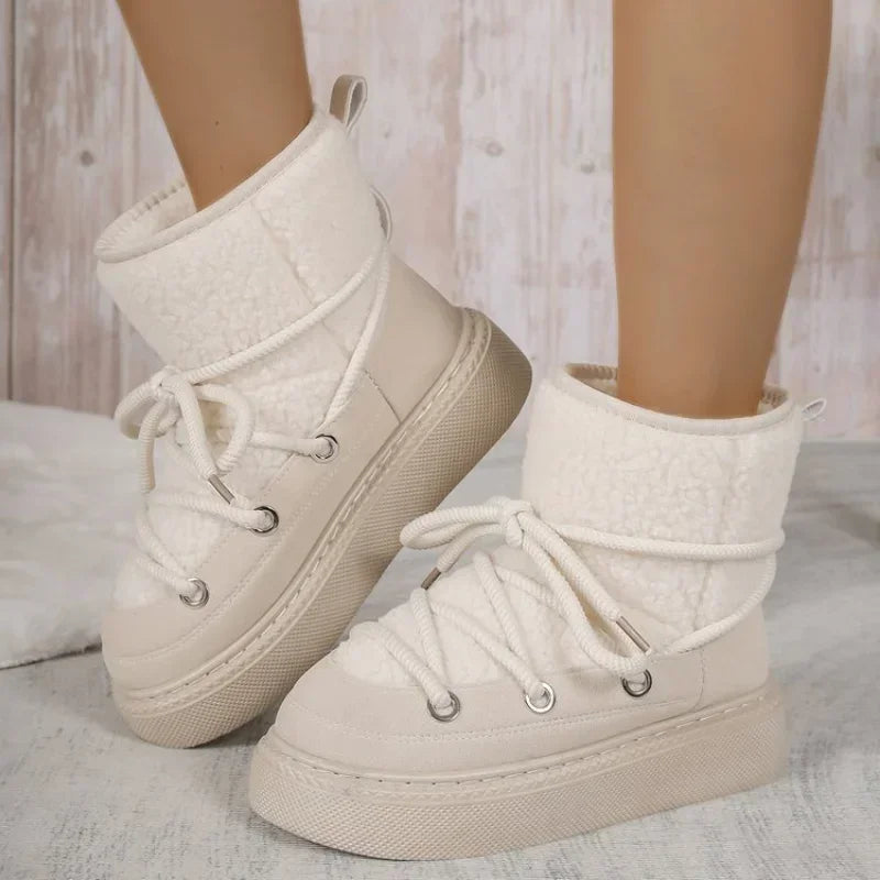 Women's Thick-soled Cross-strap Snow Boots Women Winter Round Toe Flock Plush Warm Mid Heel Water Proof Casual Warm Snow Boots